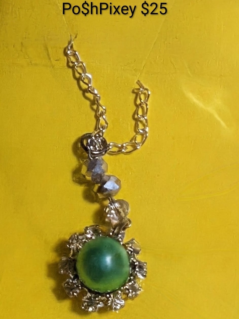 Gold-Tone Necklace with Green Cabochon Pendant